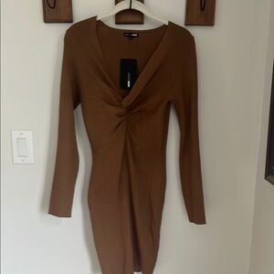 Fashion Nova Brown Ruched Wrap Bodycon Dress